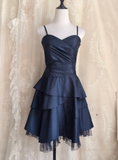 Niulatu Spaghetti Straps A-line Satin Short Prom Dresses,Navy Blue Homecoming Dresses 18th Birthday Dresses HZ1026