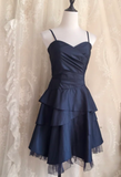 Niulatu Spaghetti Straps A-line Satin Short Prom Dresses,Navy Blue Homecoming Dresses 18th Birthday Dresses HZ1026