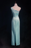 Niulatu One Shoulder Sheath Satin Prom Dresses, Sky Blue Formal Dresses HZ1026