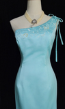 Niulatu One Shoulder Sheath Satin Prom Dresses, Sky Blue Formal Dresses HZ1026