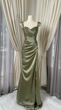 Niulatu V-neck Sheath Satin Prom Dresses, Oliver Green Formal Evening Dresses HZ1026