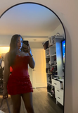 Niulatu Bodycon Satin Short Prom Dresses, Red Homecoming Dresses Strapless Birthday Dresses HZ1026