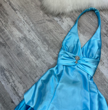 Niulatu Halter A-Line Satin Short Prom Dresses, Open Back Birthday Dresses, Blue Homecoming Dresses HZ1026