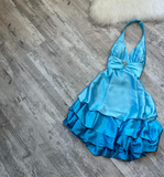 Niulatu Halter A-Line Satin Short Prom Dresses, Open Back Birthday Dresses, Blue Homecoming Dresses HZ1026