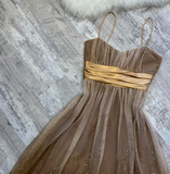 Niulatu A-line Tulle Short Prom Dresses, Brown Homecoming Dresses, Spaghetti Strap Birthday Dresses HZ1026