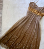 Niulatu A-line Tulle Short Prom Dresses, Brown Homecoming Dresses, Spaghetti Strap Birthday Dresses HZ1026