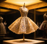 Niulatu A-line Tulle Short Prom Dresses with Beading Homecoming Dresses, Short-sleeved Birthday Dresses HZ1026