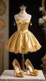 Niulatu A-line Satin Short Prom Dresses, Gold Homecoming Dresses, Strapless Birthday Dresses HZ1026