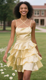Niulatu Spaghetti Strap Sheath Satin Short Prom Dresses, Yellow Homecoming Dresses HZ1026
