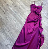Niulatu Spaghetti Straps Sheath Satin Long Prom Dresses, Purple Formal Dresses HZ1026