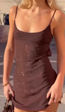 Niulatu Sheath Chiffon Short Prom Dresses, Chocolate Homecoming Dresses, Spaghetti Strap Birthday Dresses HZ1026