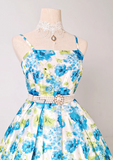 Niulatu Spaghetti Strap A-line Blue Homecoming Dress Floral Birthday Dresses HZ1026