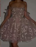 Niulatu Off-the-shoulder A-Line Tulle Applique Short Prom Dresses, Pale Pink Homecoming Dresses HZ1026