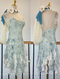 Niulatu Spaghetti Strap Sheath Beaded Chiffon Short Prom Dresses, Blue Backless Homecoming Dresses HZ1026