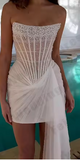 Niulatu Strapless Bodycon Beaded Tulle Short Prom Dresses, White Homecoming Dresses HZ1026