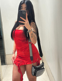 Niulatu Strapless Bodycon Satin Short Prom Dresses, Burgundy Homecoming Dresses HZ1026