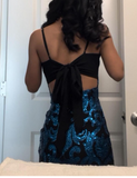 Niulatu Spaghetti Strap Sheath Applique Short Prom Dresses, Blue Homecoming Dresses HZ1026