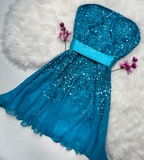 Niulatu Strapless Sheath Beaded Chiffon Short Prom Dresses, Blue Homecoming Dresses HZ1026