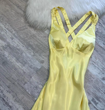 Niulatu A-Line Yellow Formal Dresses, V Neck A-Line Long Guest Dresses, Open Back Evening Gowns HZ1026