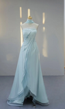 Niulatu Strapless A-line Satin Long Prom Dresses, Pale Blue Formal Evening Dresses HZ1026