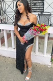 Niulatu Off Shoulder Sheath Sequined Long Prom Dresses With Slit, Black Formal Dresses HZ1026