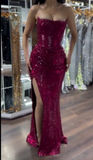 Niulatu Strapless Sheath Sequined Long Prom Dresses, Hot Pink Evening Dresses HZ1026