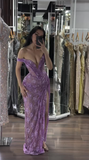 Niulatu Off-Shoulder Sheath Tulle Applique Long Prom Dresses, Purple Evening Dresses with Slit HZ1026