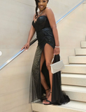 Niulatu Sweetheart Neck Sheath Tulle Prom Dresses With Slit, Black Evening Dresses HZ1026