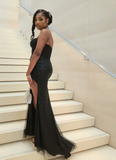 Niulatu Sweetheart Neck Sheath Tulle Prom Dresses With Slit, Black Evening Dresses HZ1026