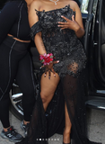 Niulatu Off-Shoulder Sheath Tulle Appliqued Long Prom Dresses With Slit, Black Evening Dresses HZ1026