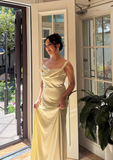 Niulatu Satin Sheath Wedding Guest Dresses, Pale Yellow Evening Dresses HZ1026