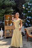 Niulatu Satin Sheath Wedding Guest Dresses, Pale Yellow Evening Dresses HZ1026