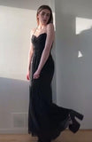 Niulatu Spaghetti Strap Sheath Chiffon Prom Dresses, Black Formal Dresses HZ1026