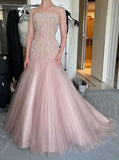 Niulatu Strapless Mermaid Tulle Prom Dresses Blush Pink Long Evening Dresses HZ1026