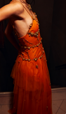 Niulatu Spaghetti Straps Sheath Beaded Tulle Prom Dresses Orange Long Evening Dresses HZ1026
