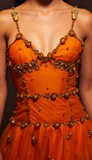 Niulatu Spaghetti Straps Sheath Beaded Tulle Prom Dresses Orange Long Evening Dresses HZ1026