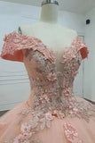 Niulatu Off-the-shoulder Ball Gown Tulle Applique Long Prom Dresses Quinceanera Dresses Pink Sweet 16 Dresss HZ1026