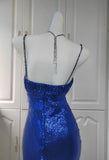 Niulatu Spaghetti Strap Sheath Sequin Long Prom Dresses Blue Formal Evening Dresses HZ1026