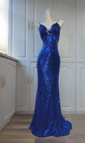 Niulatu Spaghetti Strap Sheath Sequin Long Prom Dresses Blue Formal Evening Dresses HZ1026