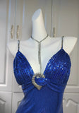 Niulatu Spaghetti Strap Sheath Sequin Long Prom Dresses Blue Formal Evening Dresses HZ1026