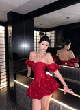 Niulatu Off-the-shoulder Velvet Short Ball Gown Red New Year's Eve Dress Homecoming Dresses HZ1026