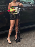 Niulatu Sequin Birthday Dresses Strapless Bodycon Chiffon Short Prom Dresses Sequin Birthday Dresses Black Homecoming Dresses HZ1026
