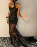 Niulatu Strapless Sheath Long Prom Dresses with Appliques Tulle Black Formal Dresses HZ1026