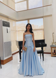 Niulatu Blue Formal Dresses Strapless Satin Long Prom Dresses Sheath Evening Dresses HZ1026
