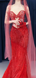 Niulatu Sweetheart Mermaid Long Prom Dresses Beaded Tulle Evening Dresses Burgundy Formal Dresses HZ1026