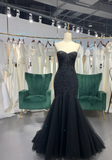 Niulatu Sweetheart Neck Mermaid Long Prom Dresses, Tulle Beaded Evening Dresses, Black Formal Dresses HZ1026