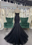 Niulatu Sweetheart Neck Mermaid Long Prom Dresses, Tulle Beaded Evening Dresses, Black Formal Dresses HZ1026