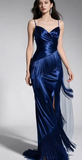 Niulatu Spaghetti Strap Sheath Long Prom Dresses Satin Navy Blue Evening Dresses HZ1026