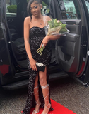 Niulatu Sweetheart Sheath Long Prom Dresses with Slits Black Formal Dresses HZ1026