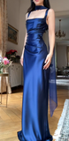 Niulatu Square Neck Sheath Long Prom Dresses, Satin Navy Blue Formal Dresses HZ1026